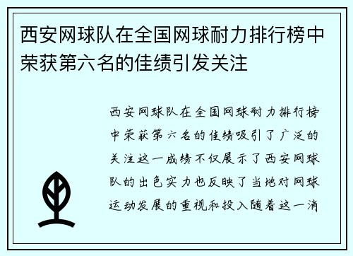 西安网球队在全国网球耐力排行榜中荣获第六名的佳绩引发关注