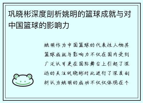 巩晓彬深度剖析姚明的篮球成就与对中国篮球的影响力